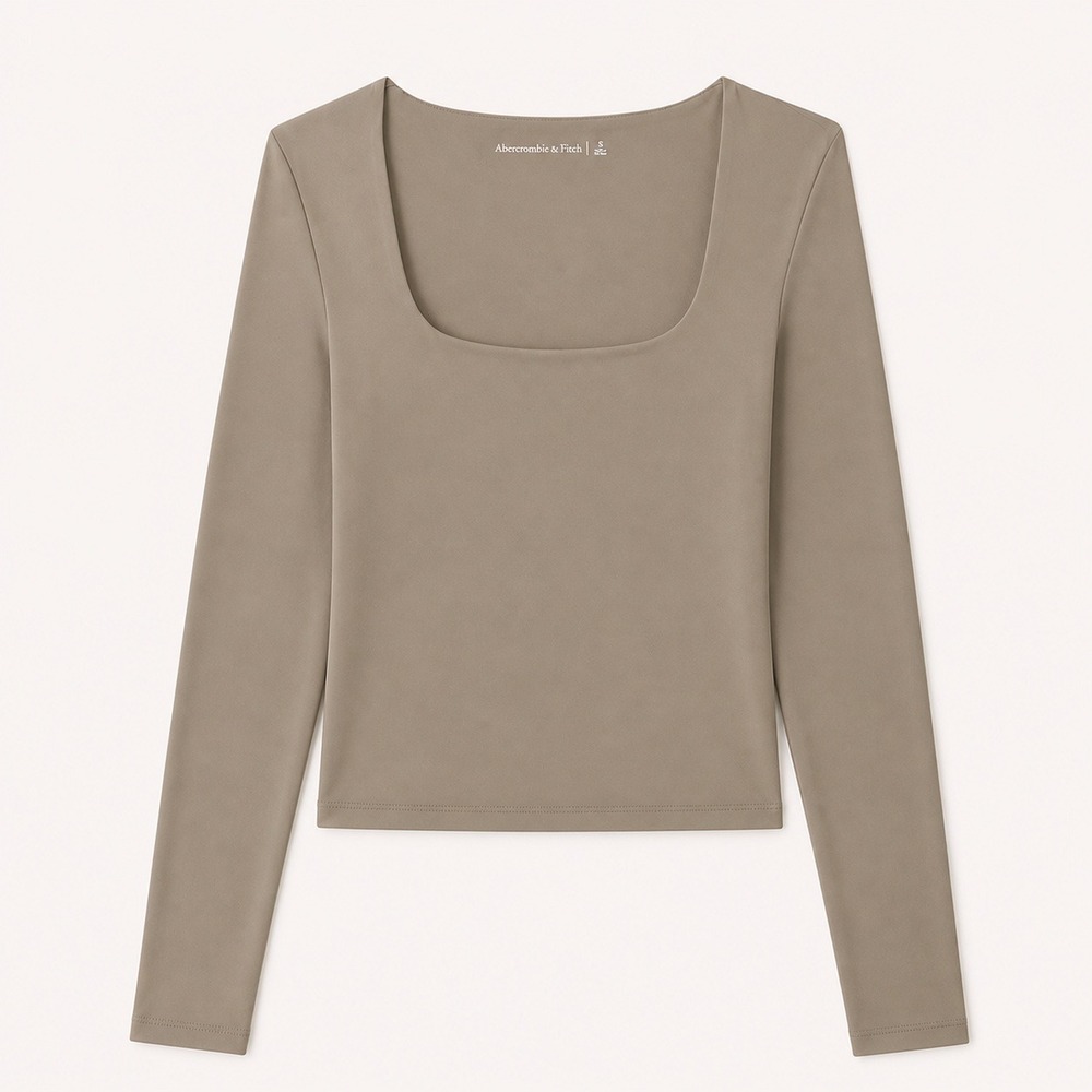 Abercrombie & Fitch Soft Matte Seamless Long-Sleeve Crop Squareneck‎ Top Nude S